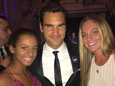 Caty McNally, right, with Roger Federer at Wimbledon Ball